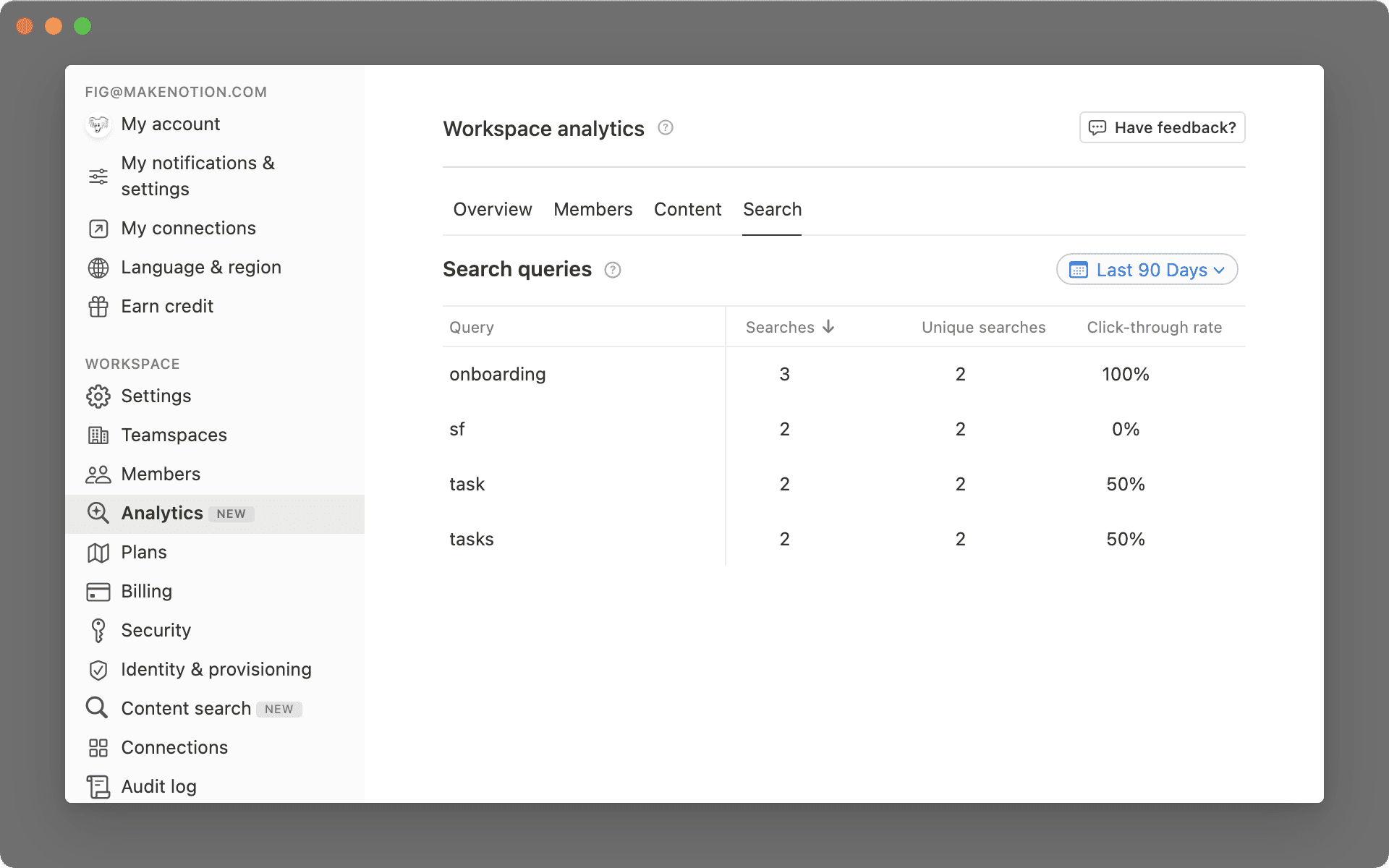 workspace analytics search tab
