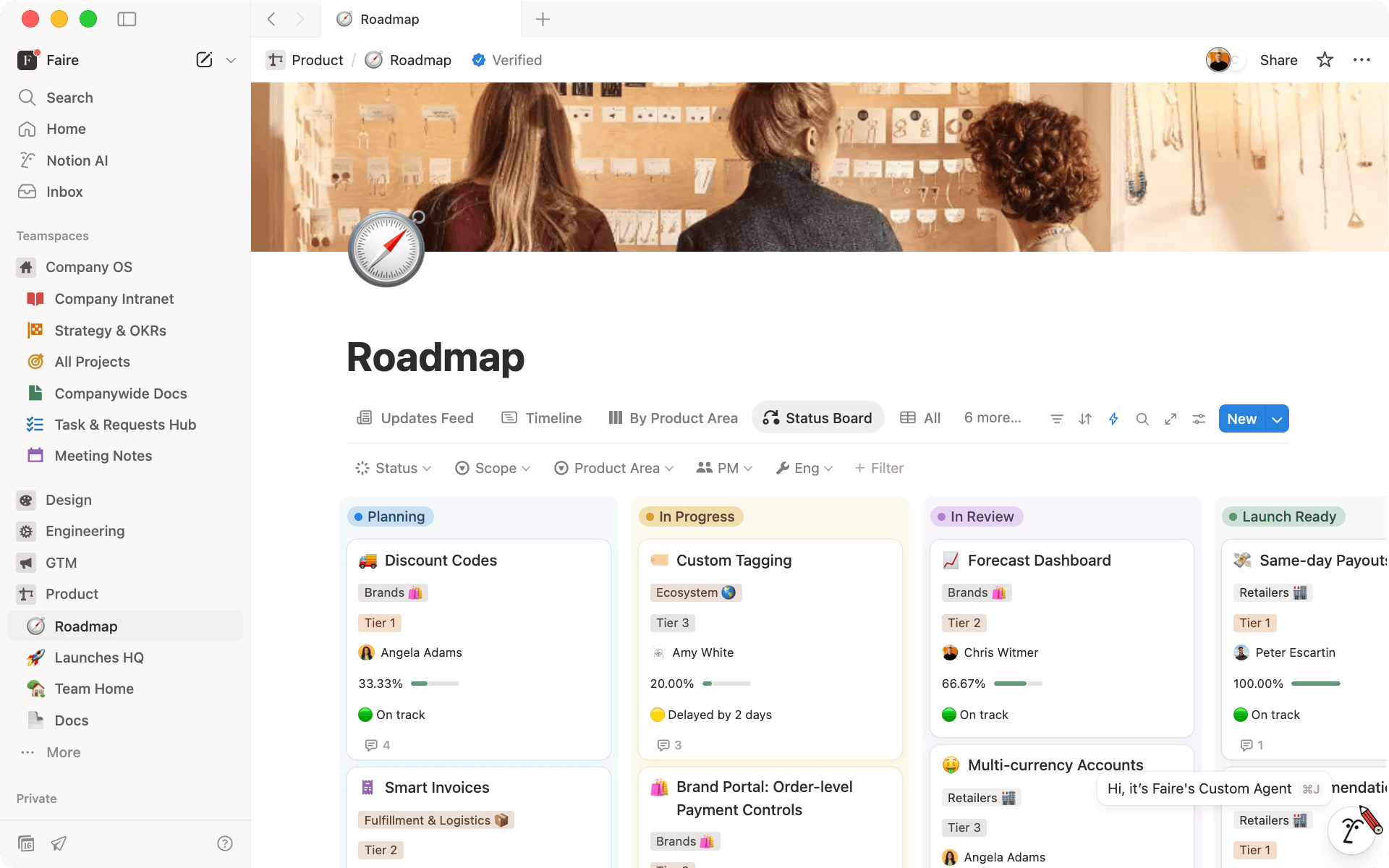 From plan to progress in one connected view—shared context, live status, and the next move, all in a Notion roadmap