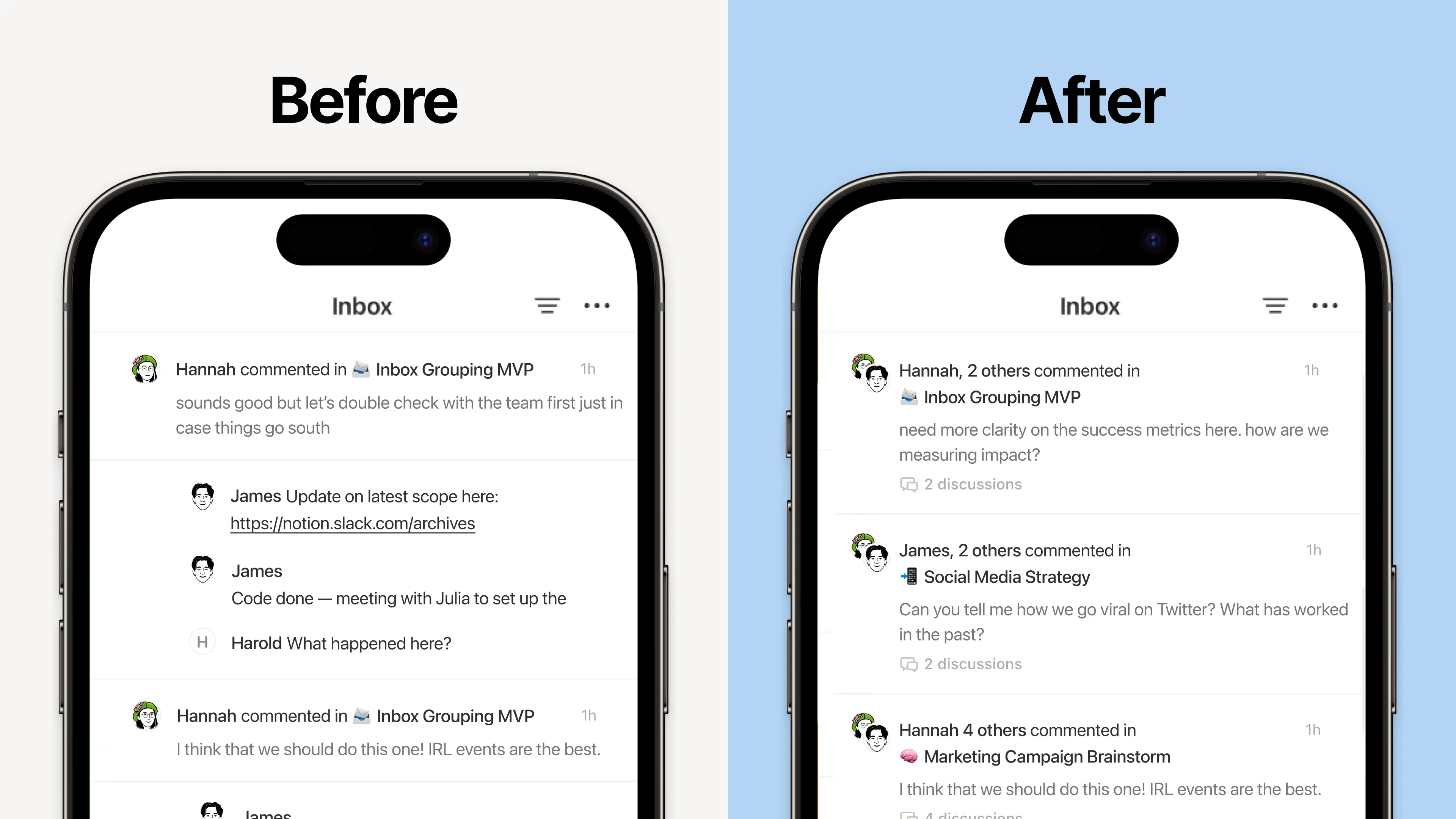 New grouped notifications in your inbox provide a more compact, readable layout. This gives a more focused view of what needs attention, with quick access to the latest comments.