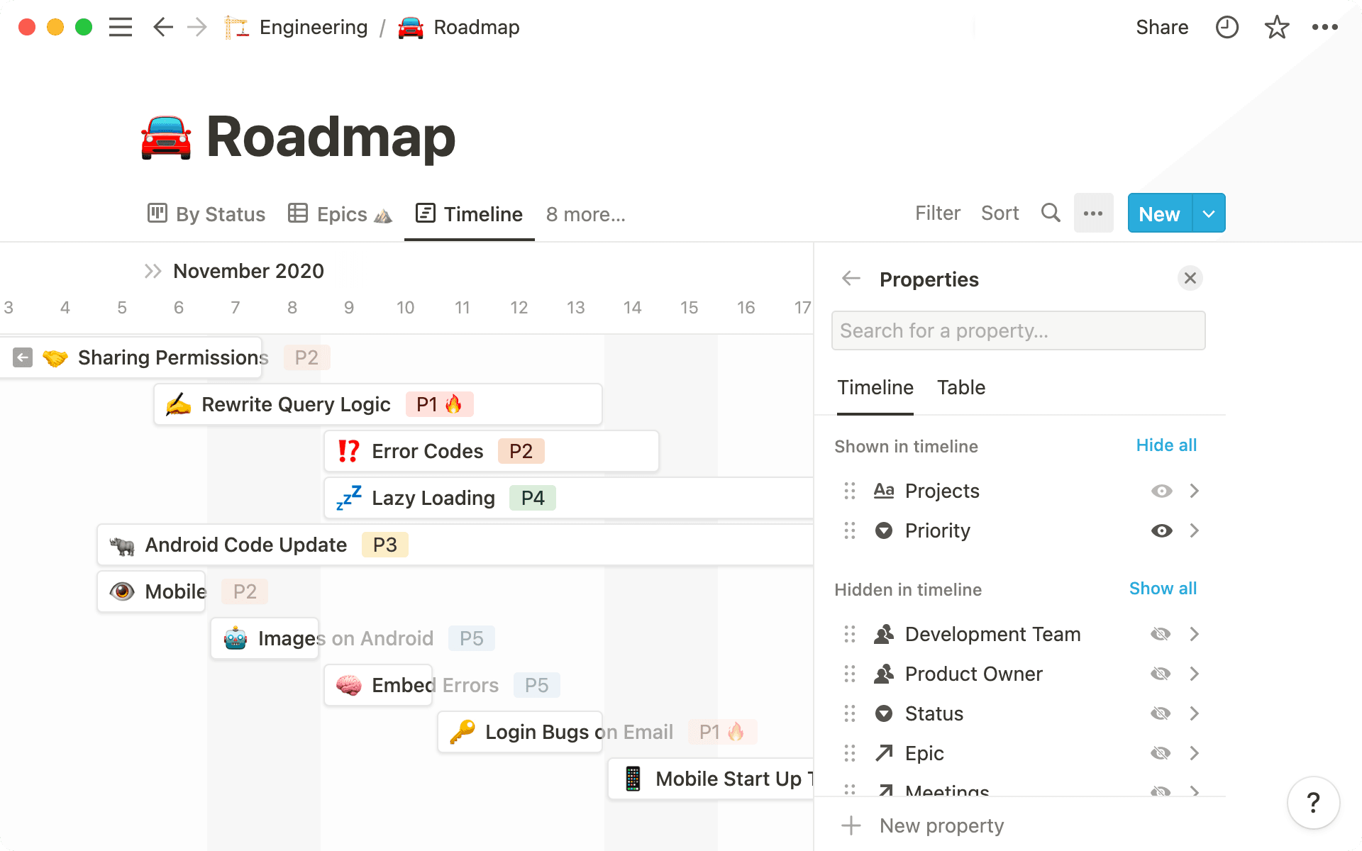 You can customize which properties are displayed on your timeline view.