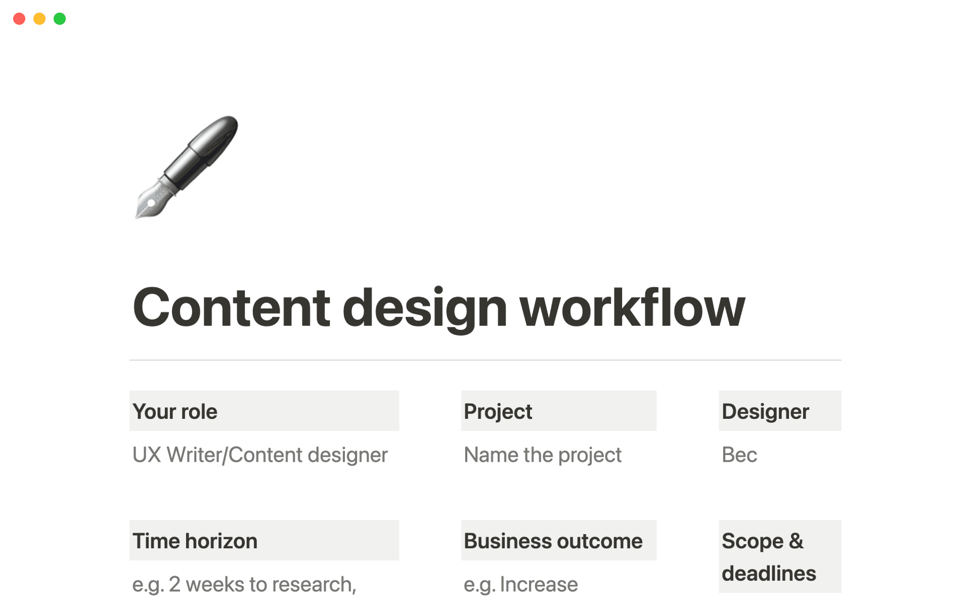 Content design workflow template