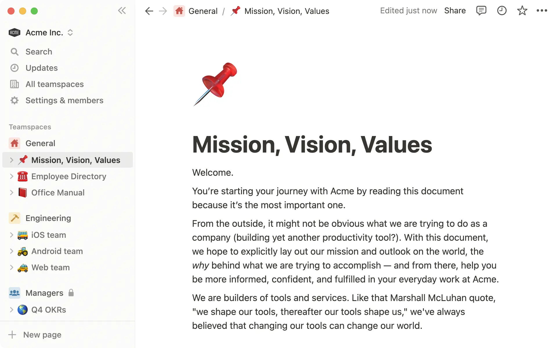 A screenshot of the Notion app with three teamspaces for General, Engineers & Managers.
