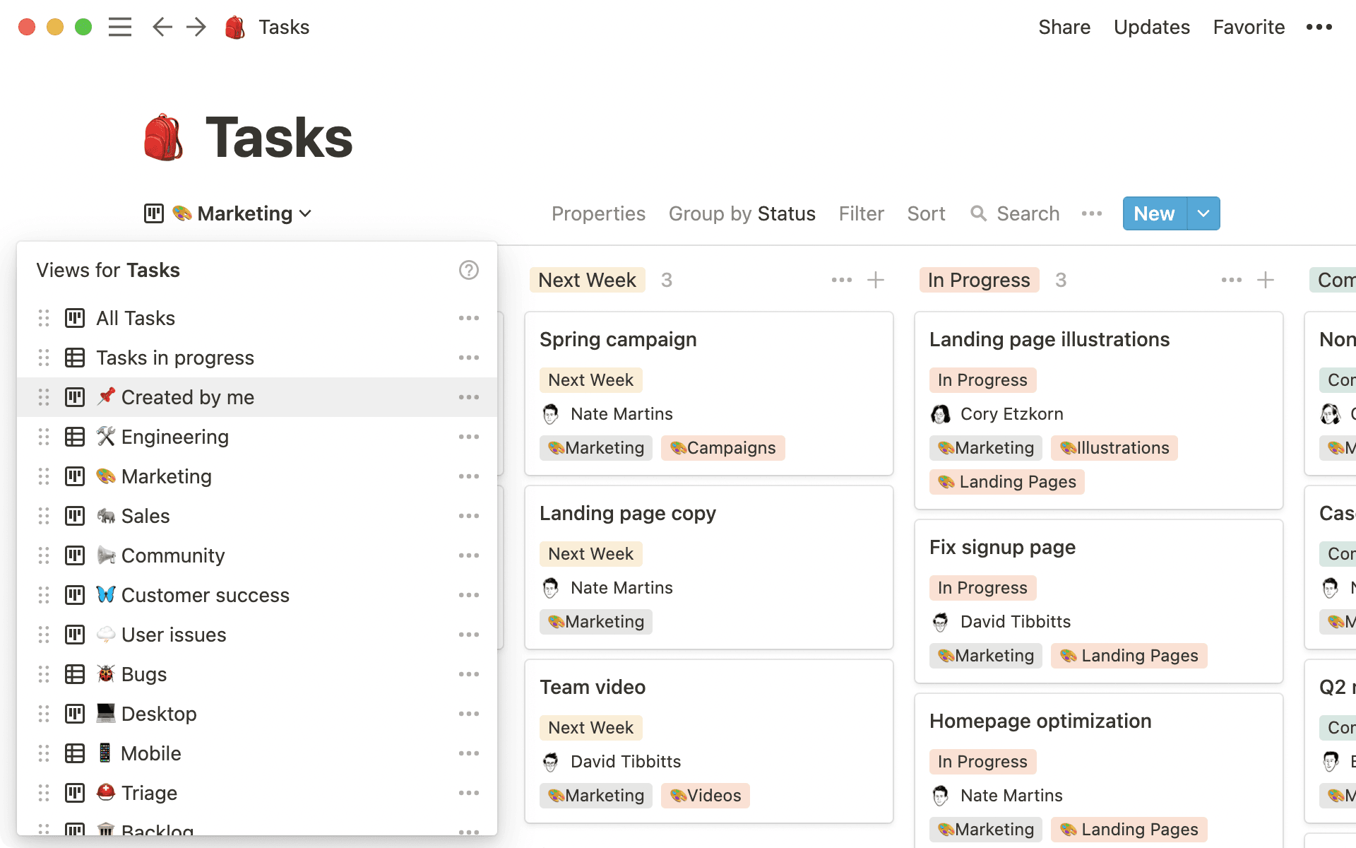 There are many views of the shared tasks database, like views for teams and people.