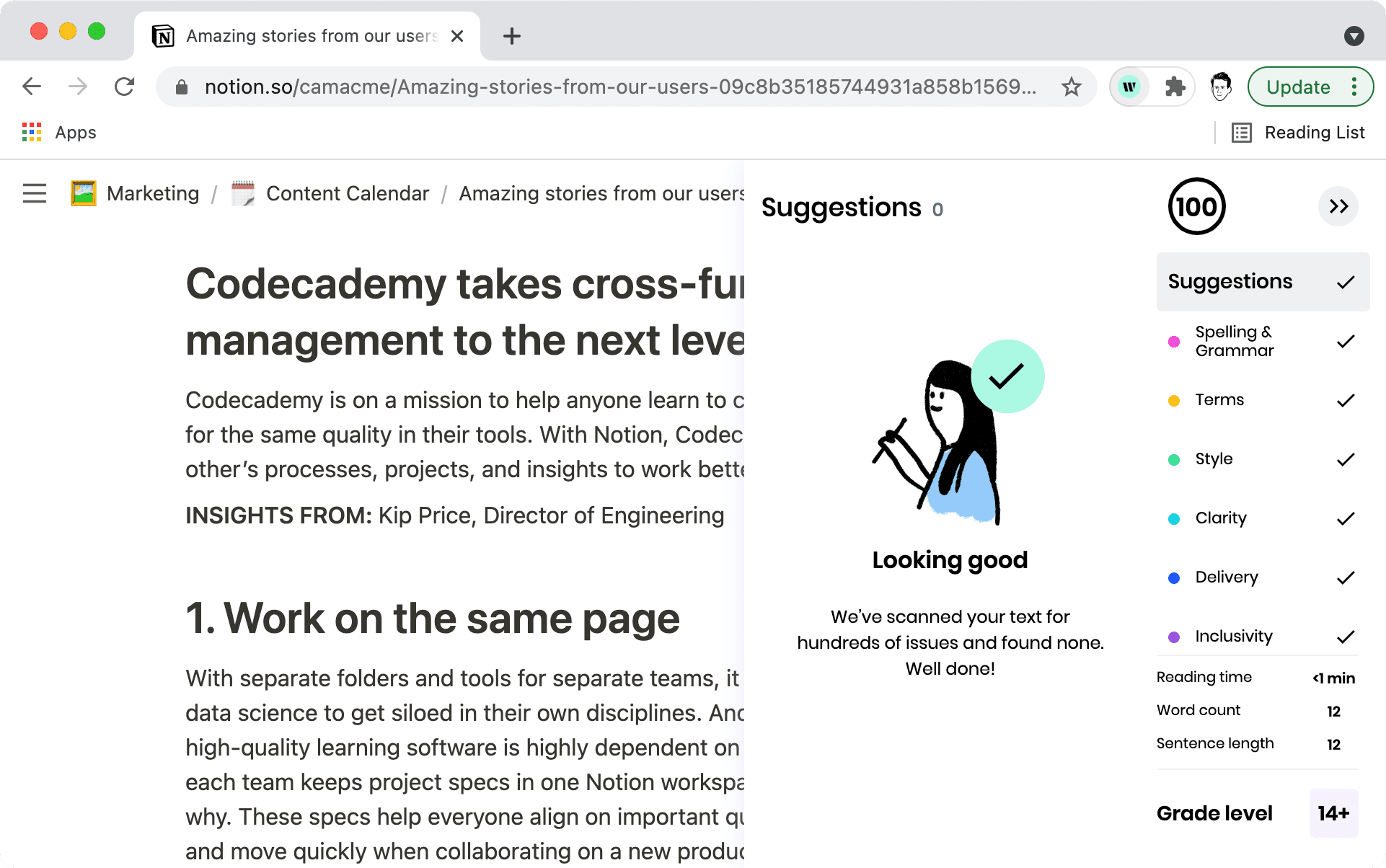 A Chrome window open with writer enabled