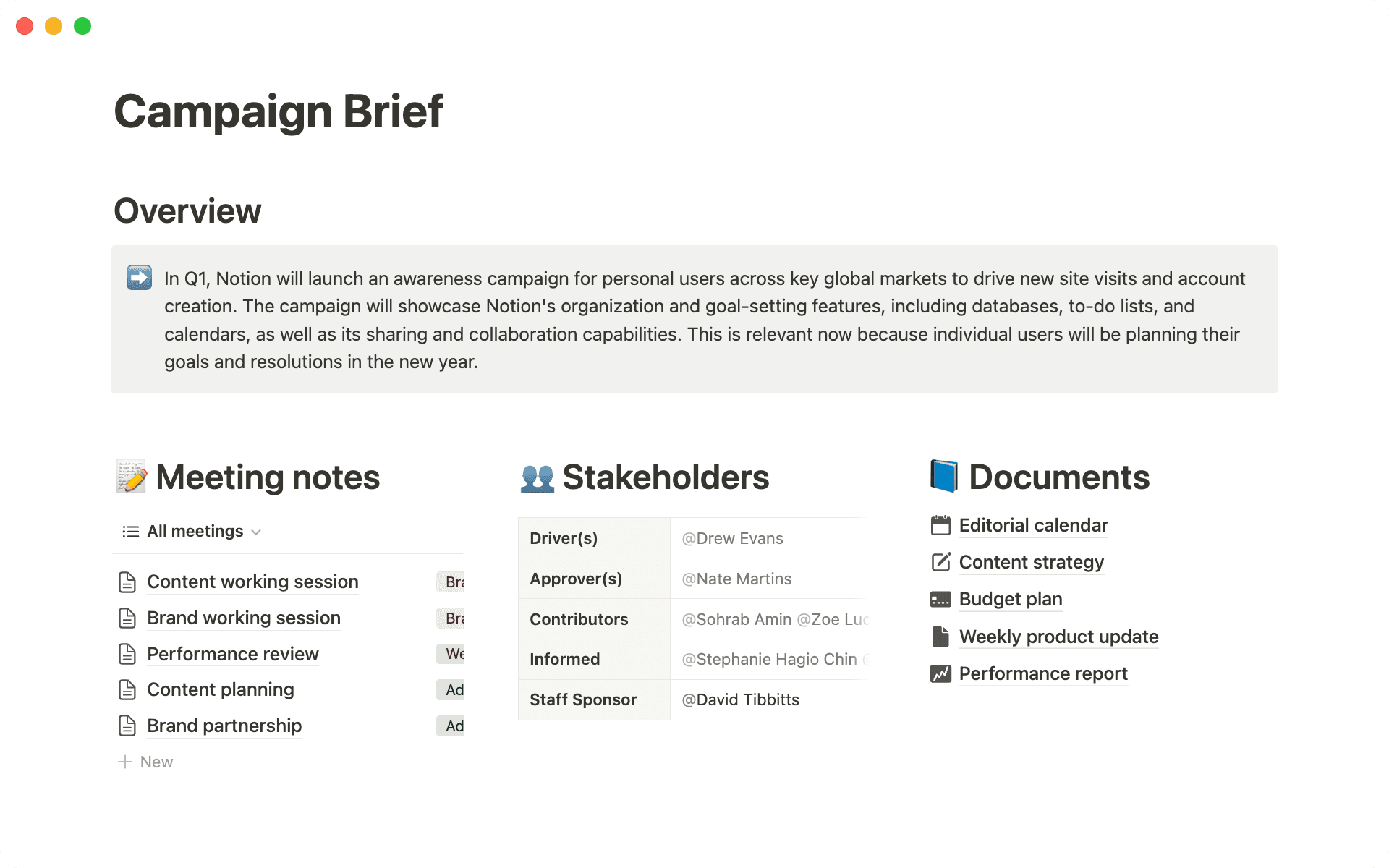 The campaign brief overview includes a summary, meeting notes, stakeholders, and documents.