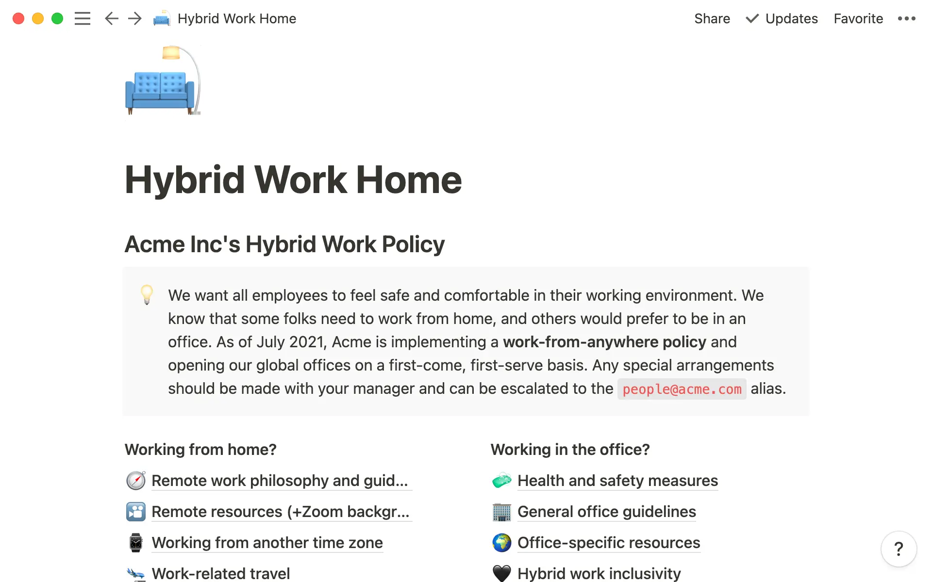 Create a hybrid work wiki to consolidate guidelines and resources for your team.