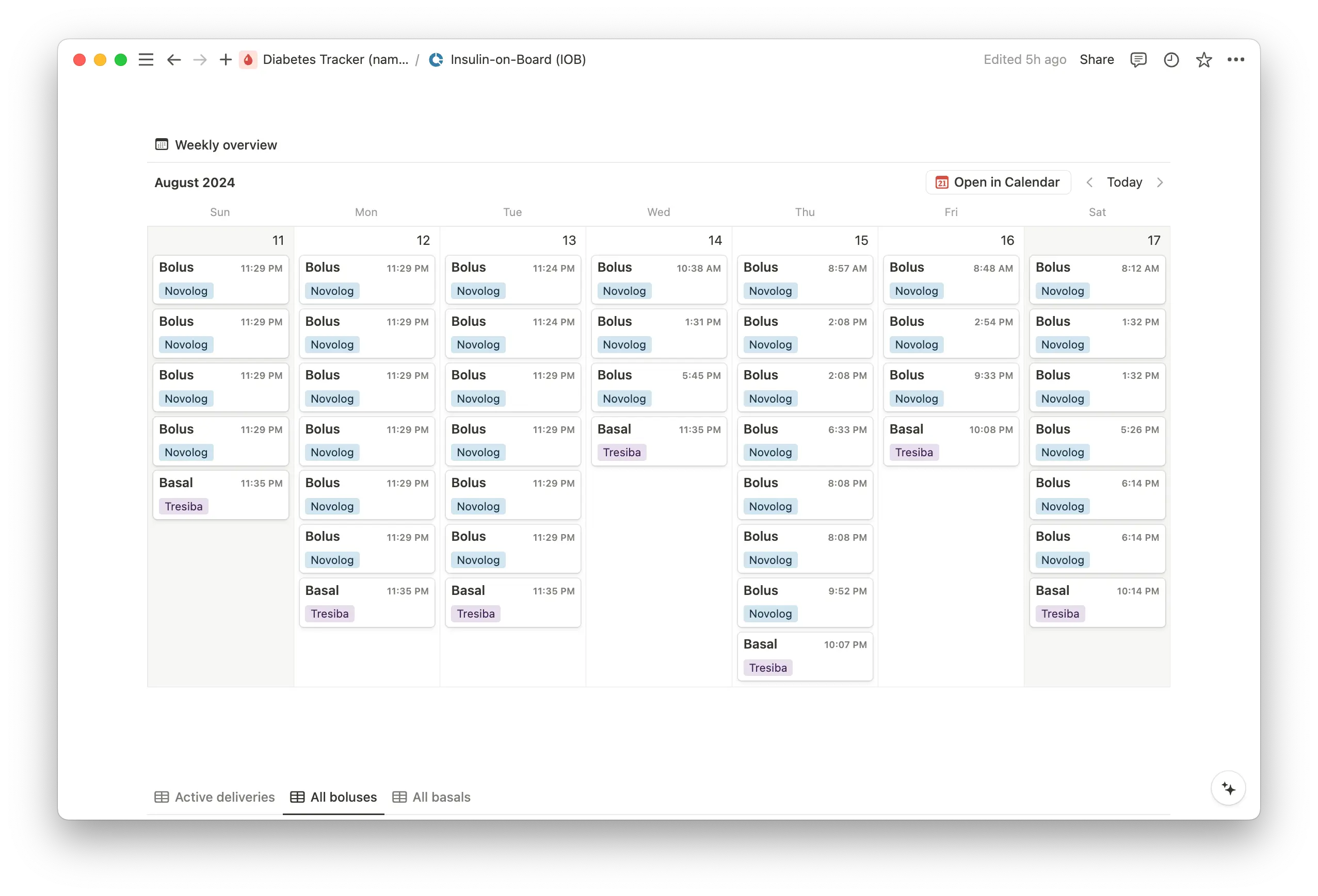 My calendar view helps me reliably track my insulin intake.