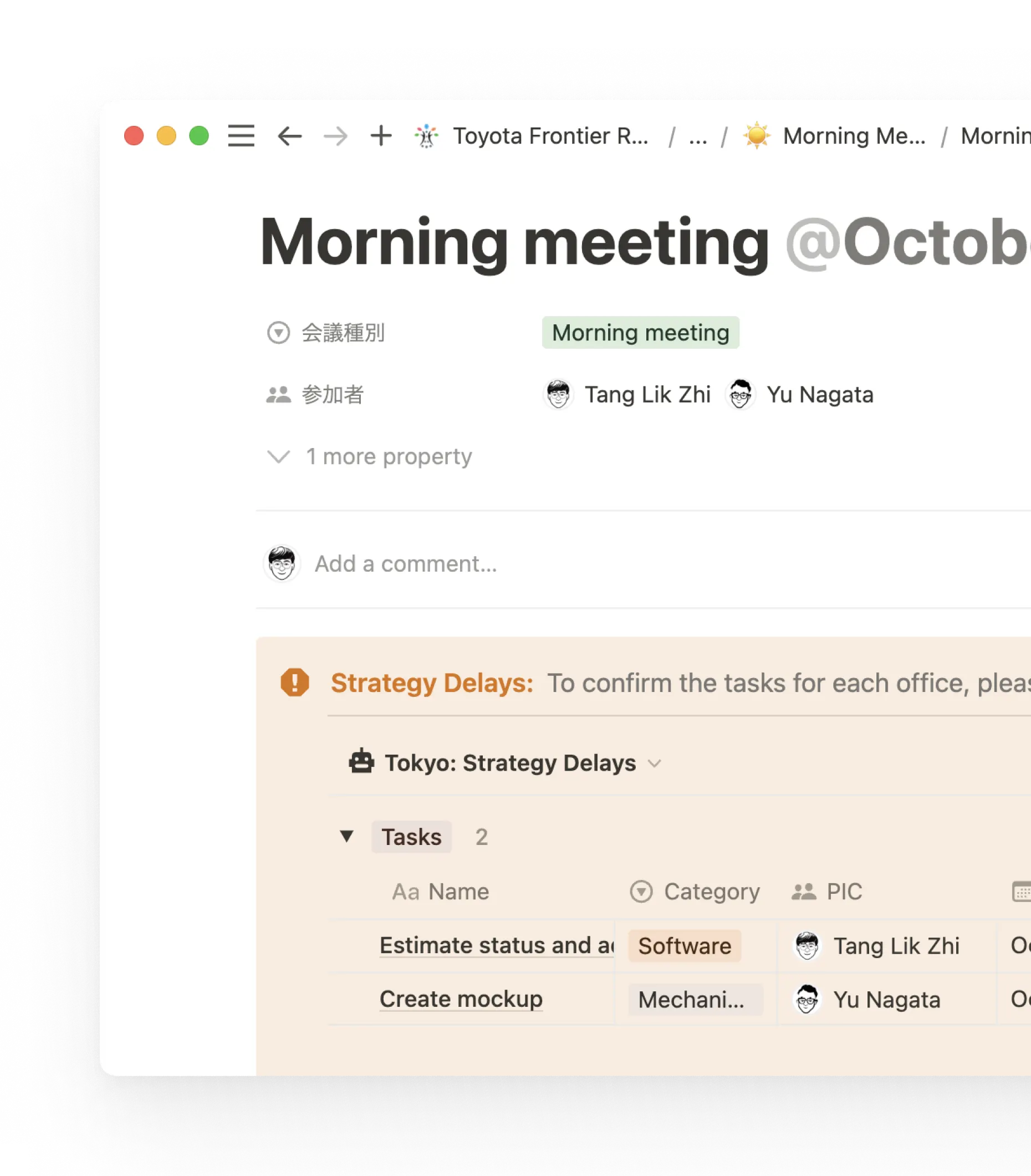 Toyota transformed simple meeting notes with action items, timelines, and visualizations all organized in a database so everyone’s informed and prepared.