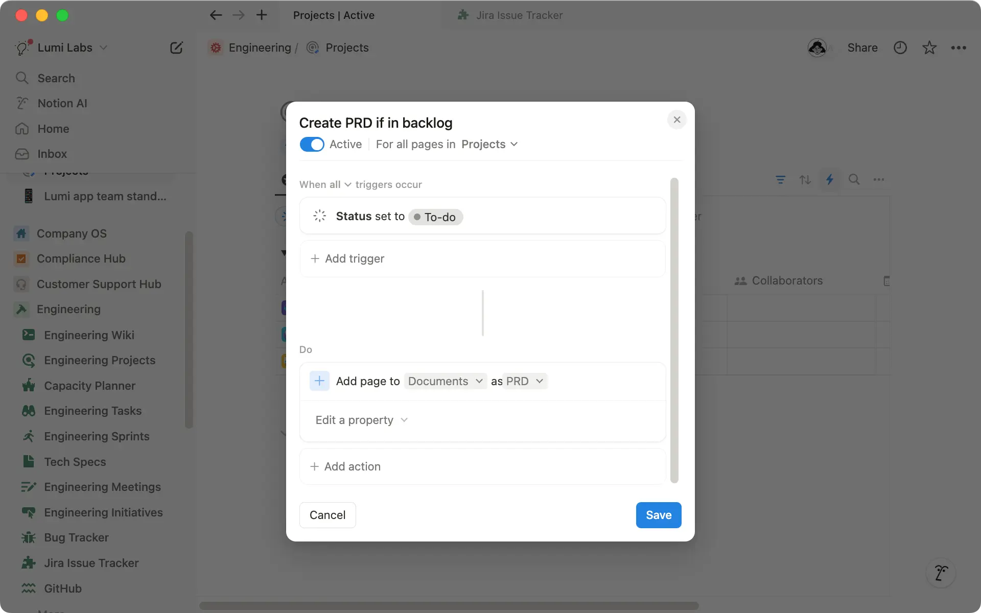 Add a new page with a PRD template automatically when someone creates a new epic in Jira