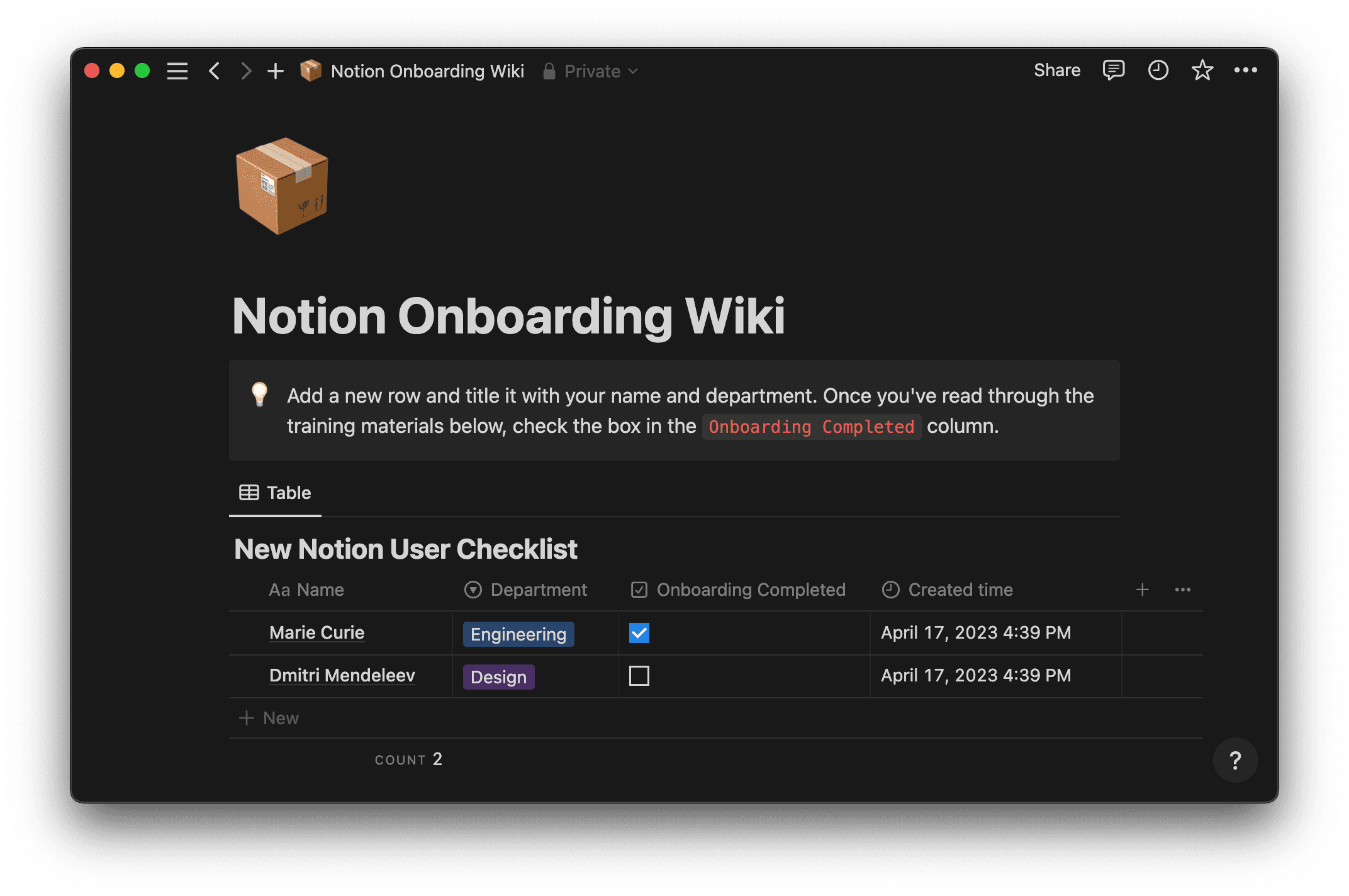Help trainees find all the information they need with Notion’s Onboarding Wiki template.