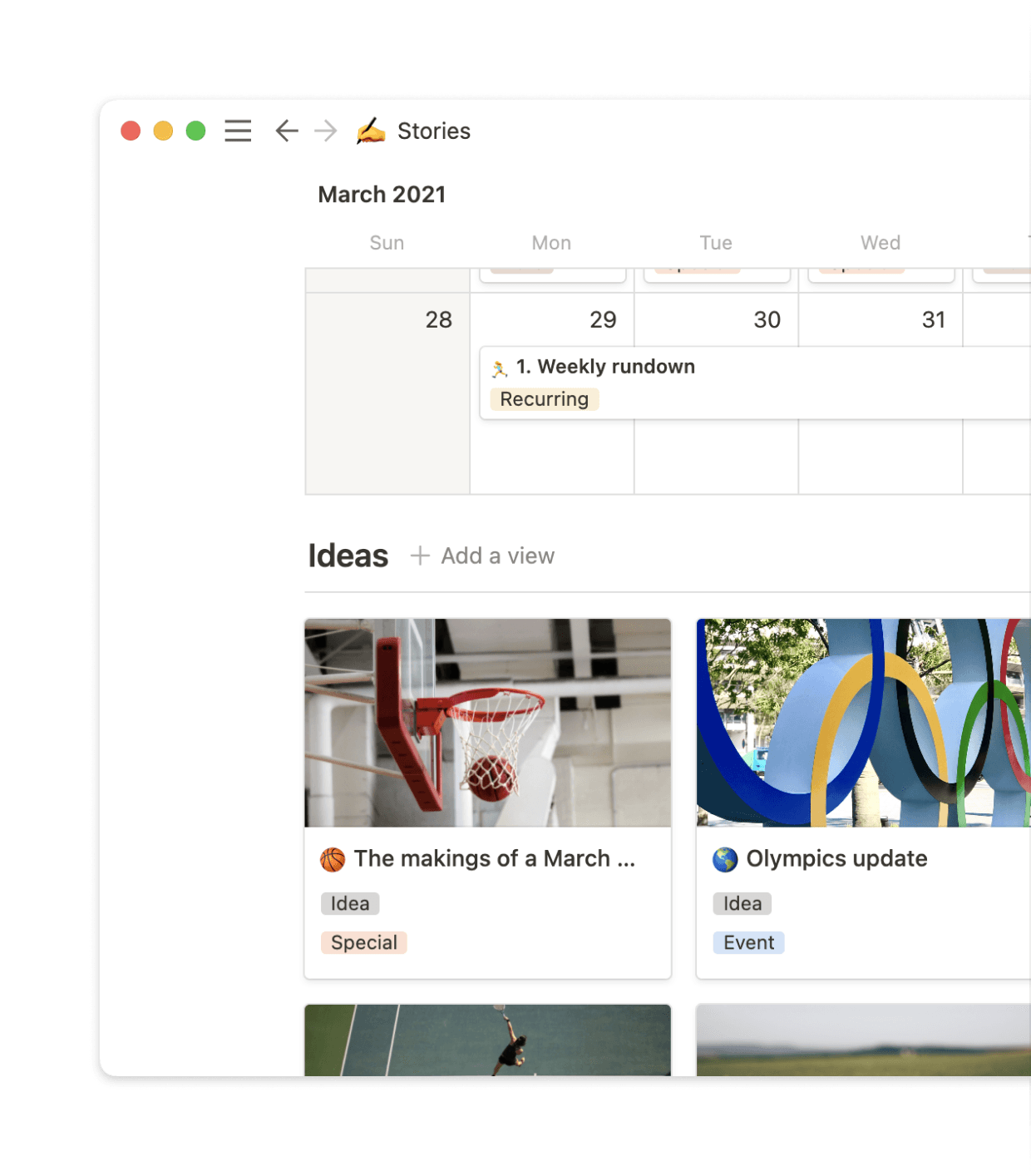 Ideas in the database can easily be dragged into the calendar when they’re ready to become stories.