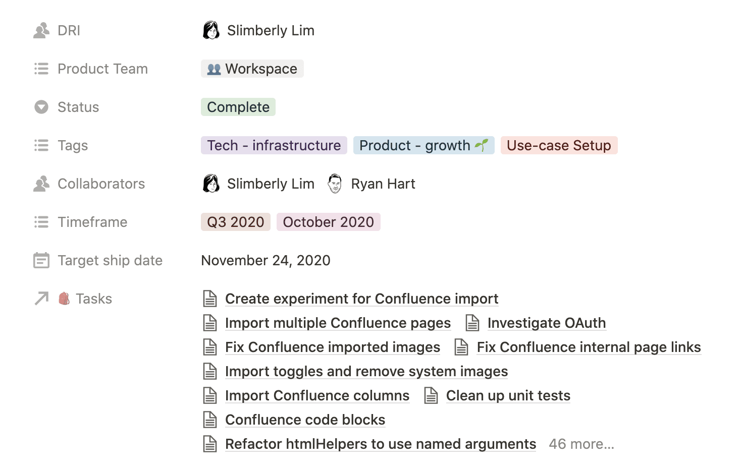 Simple page properties include user, multiselect, date, and text values. More complex properties include formulas, relations to other databases, and rollup aggregations (like sums and averages) of those relations.