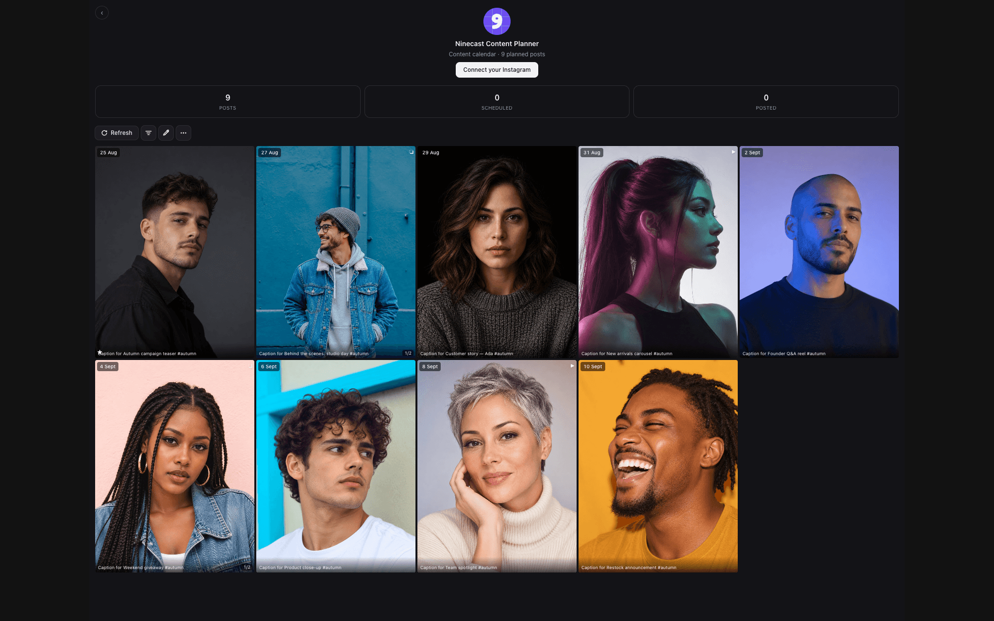 Auto-post your Notion content calendar to every platform you connect, with a live Instagram grid.