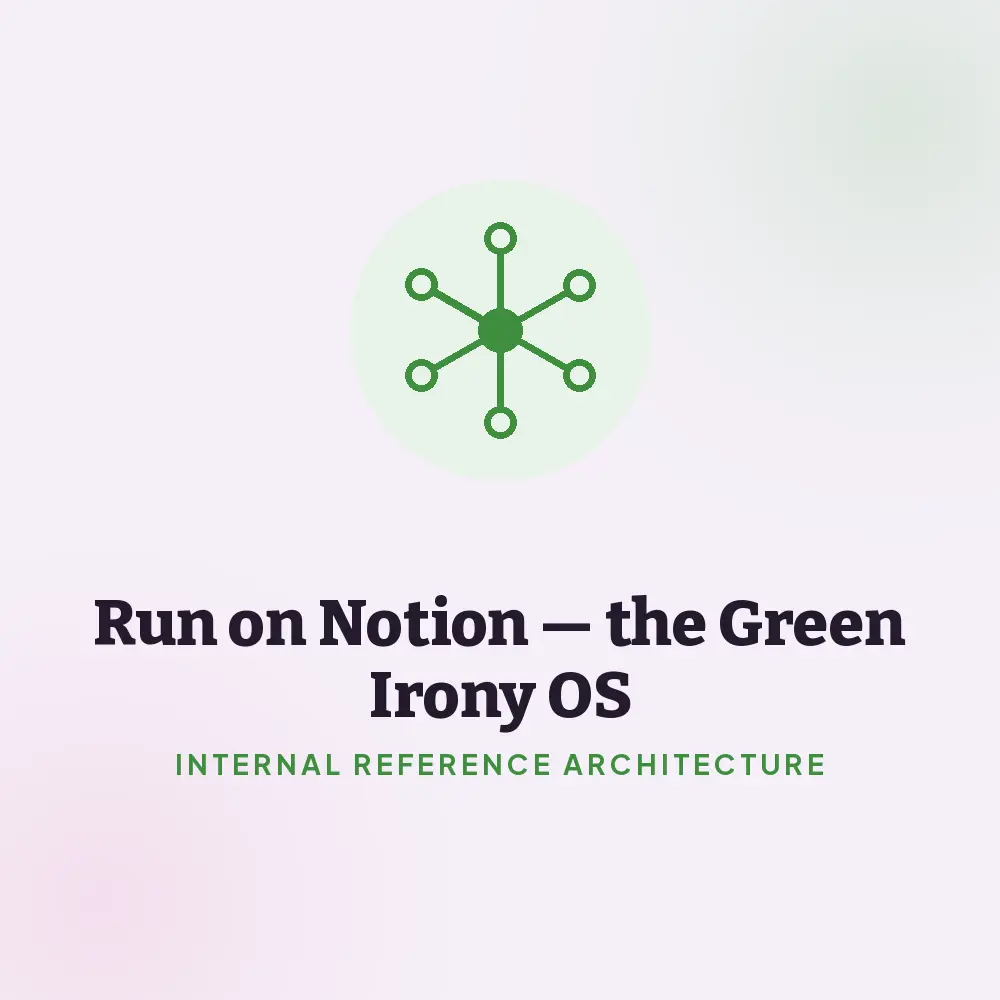Run on Notion — Green Irony Operating System (internal reference architecture)