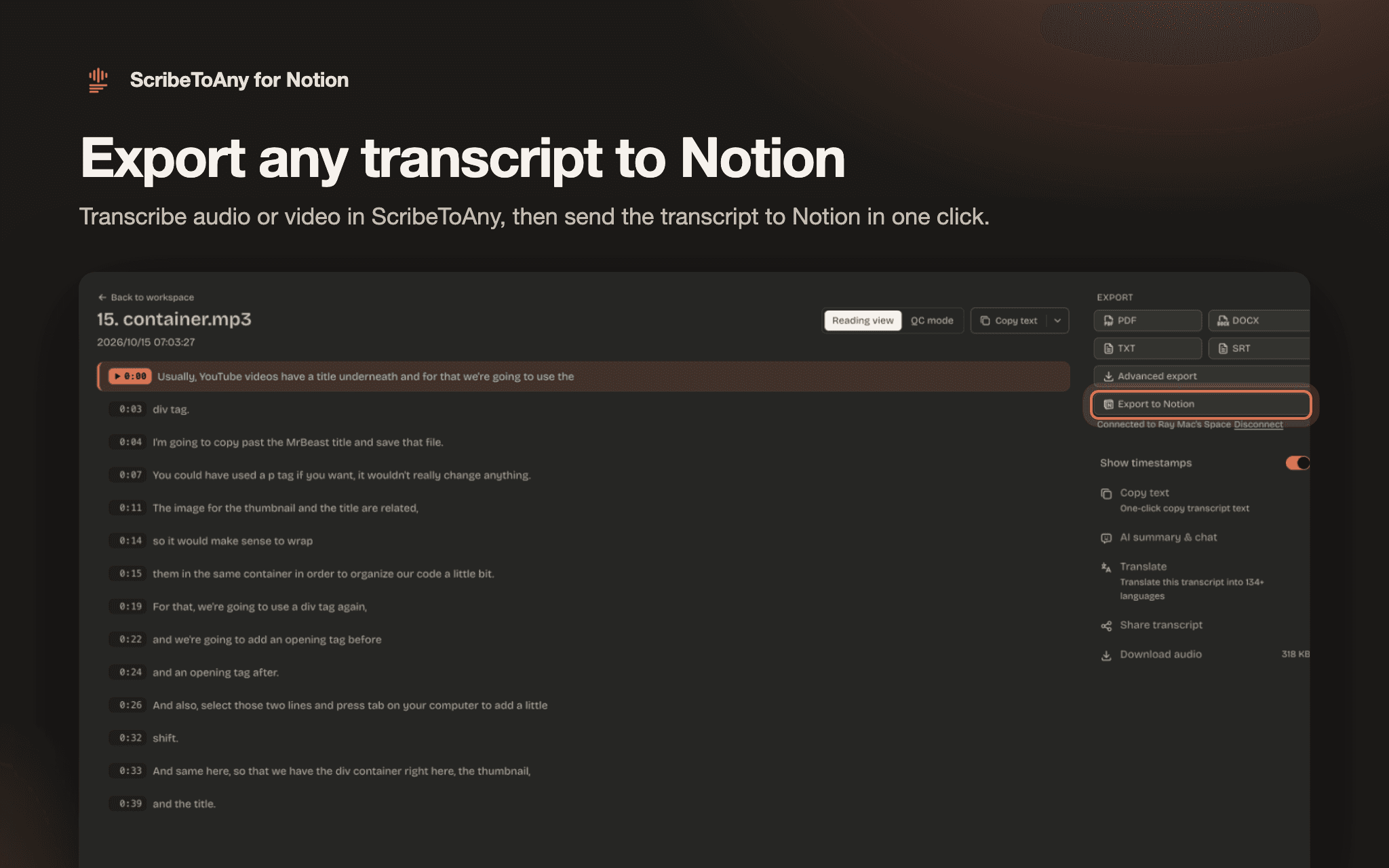 Export audio and video transcripts to Notion
