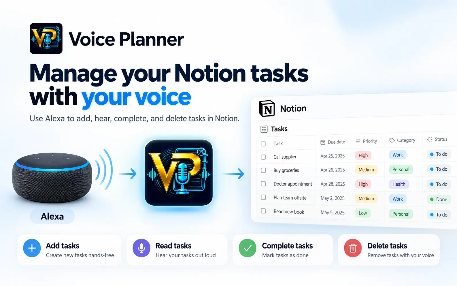 Manage your Notion tasks with your voice through Alexa.
